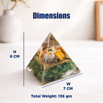 Pyramid-shaped decorative item with dimensions and weight displayed