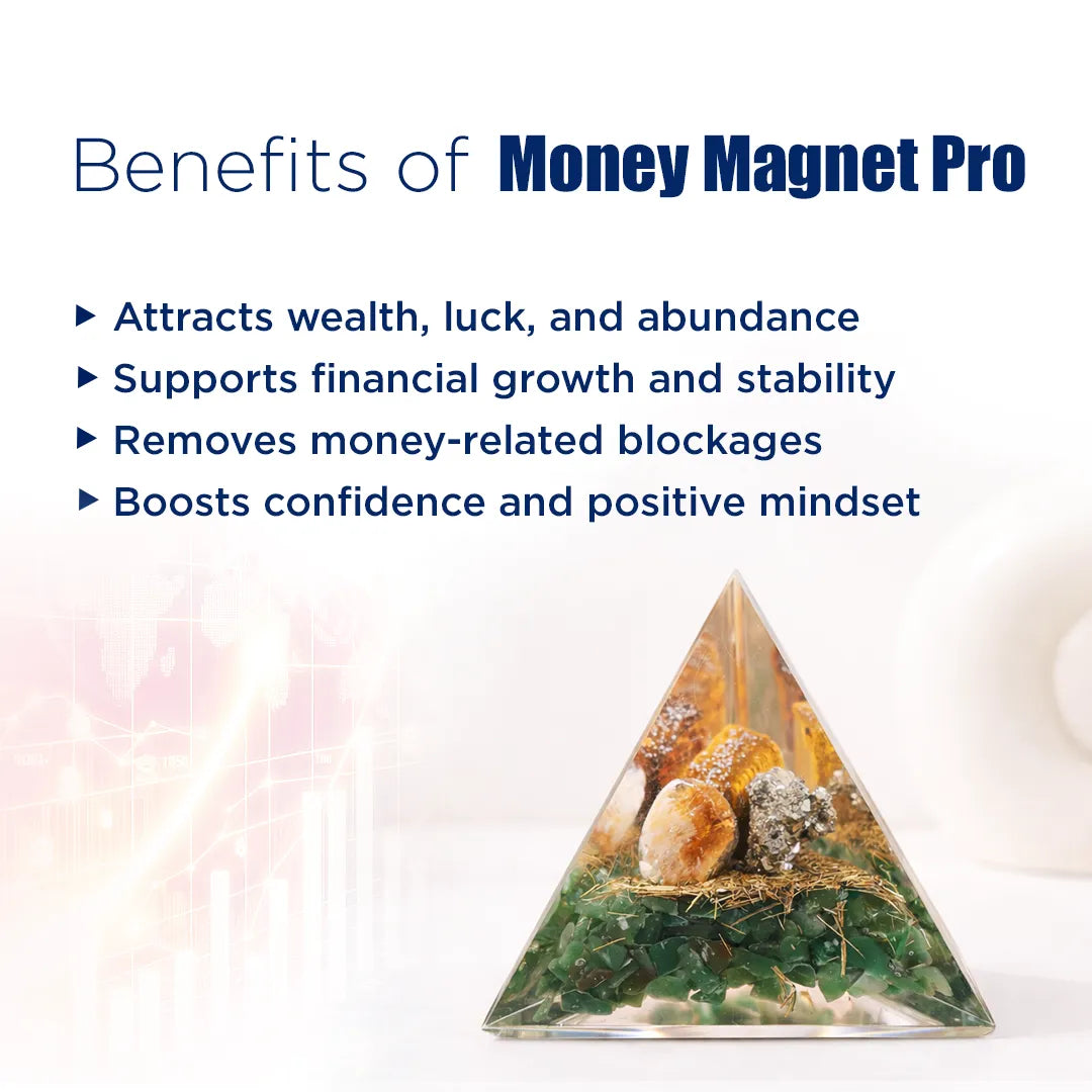 Triangular money magnet with natural elements on a white background and text listing benefits.