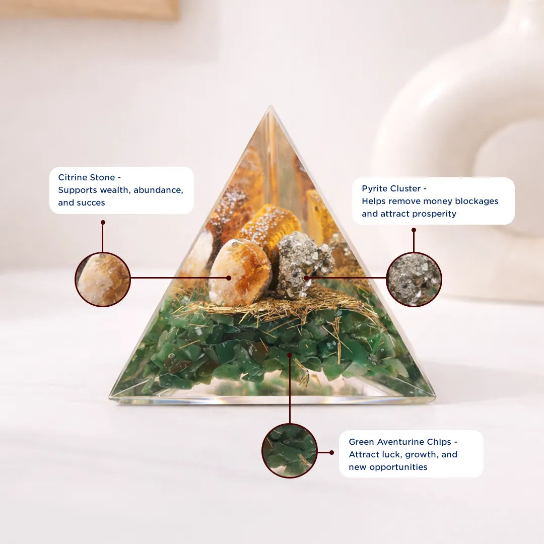 Triangular crystal arrangement with labeled stones on a white background