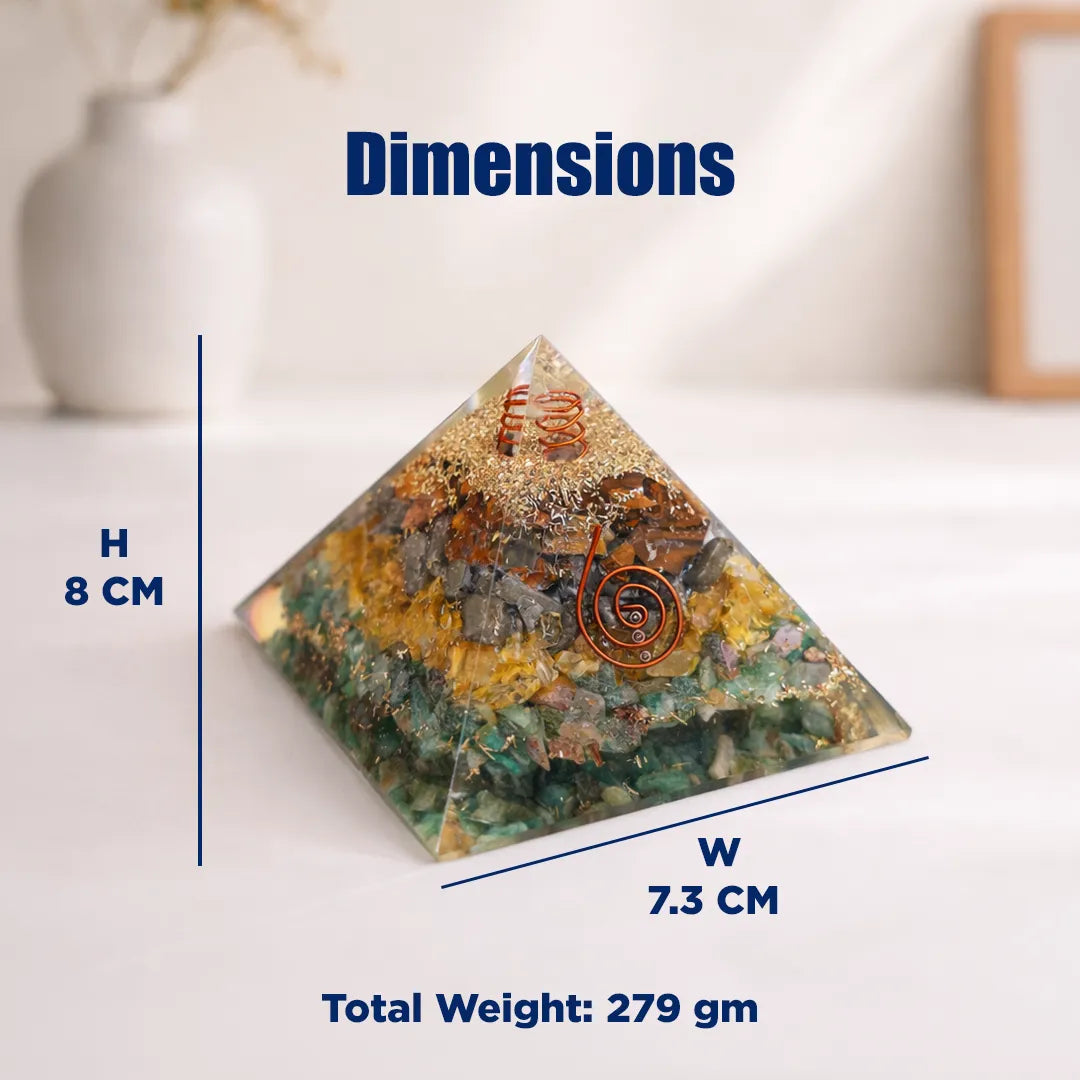 Pyramid-shaped crystal with dimensions and weight information on a white background