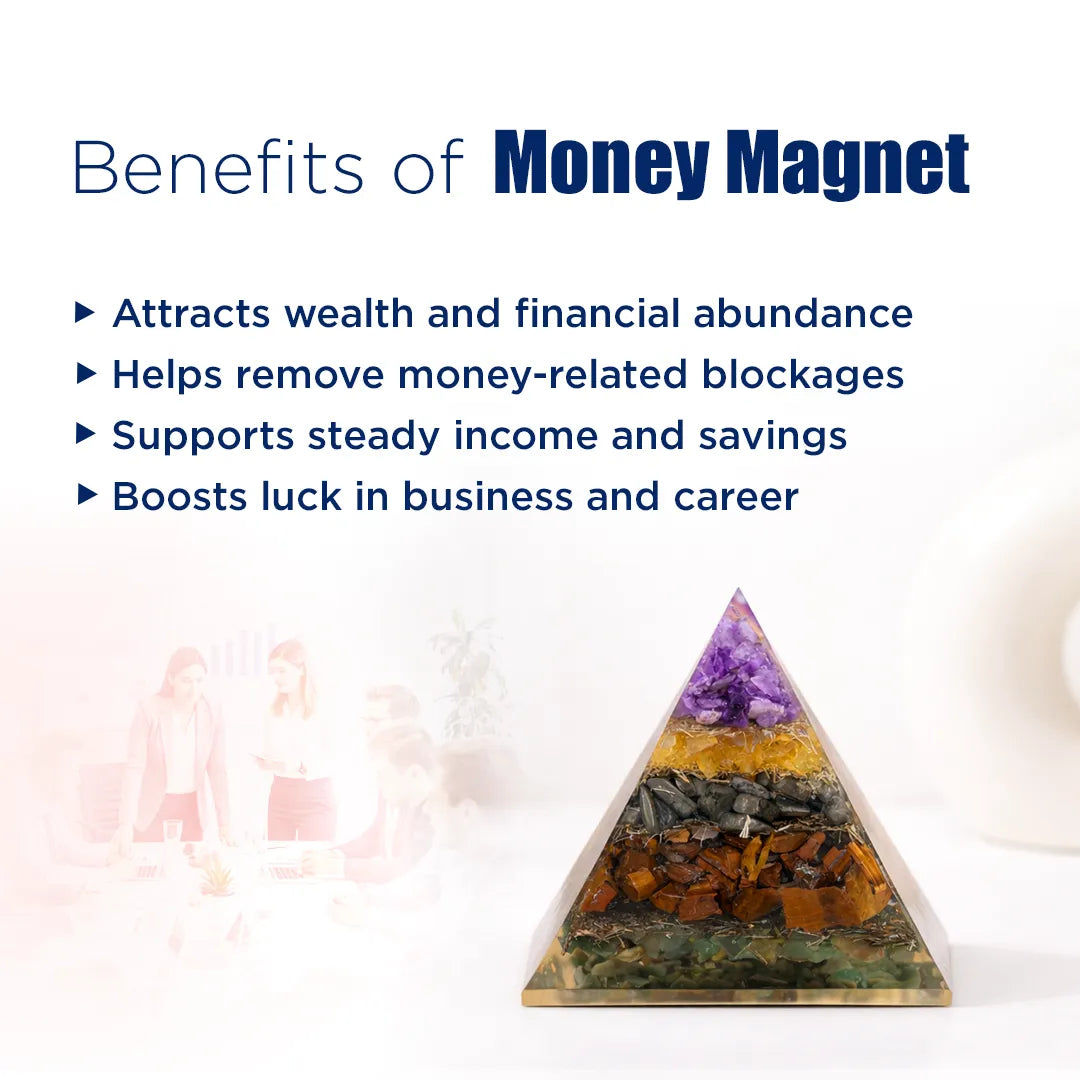 Pyramid-shaped money magnet with text listing benefits on a white backgroundMoney Magnet Pyramid – Wealth Attraction & Financial Abundance Energy Pyramid