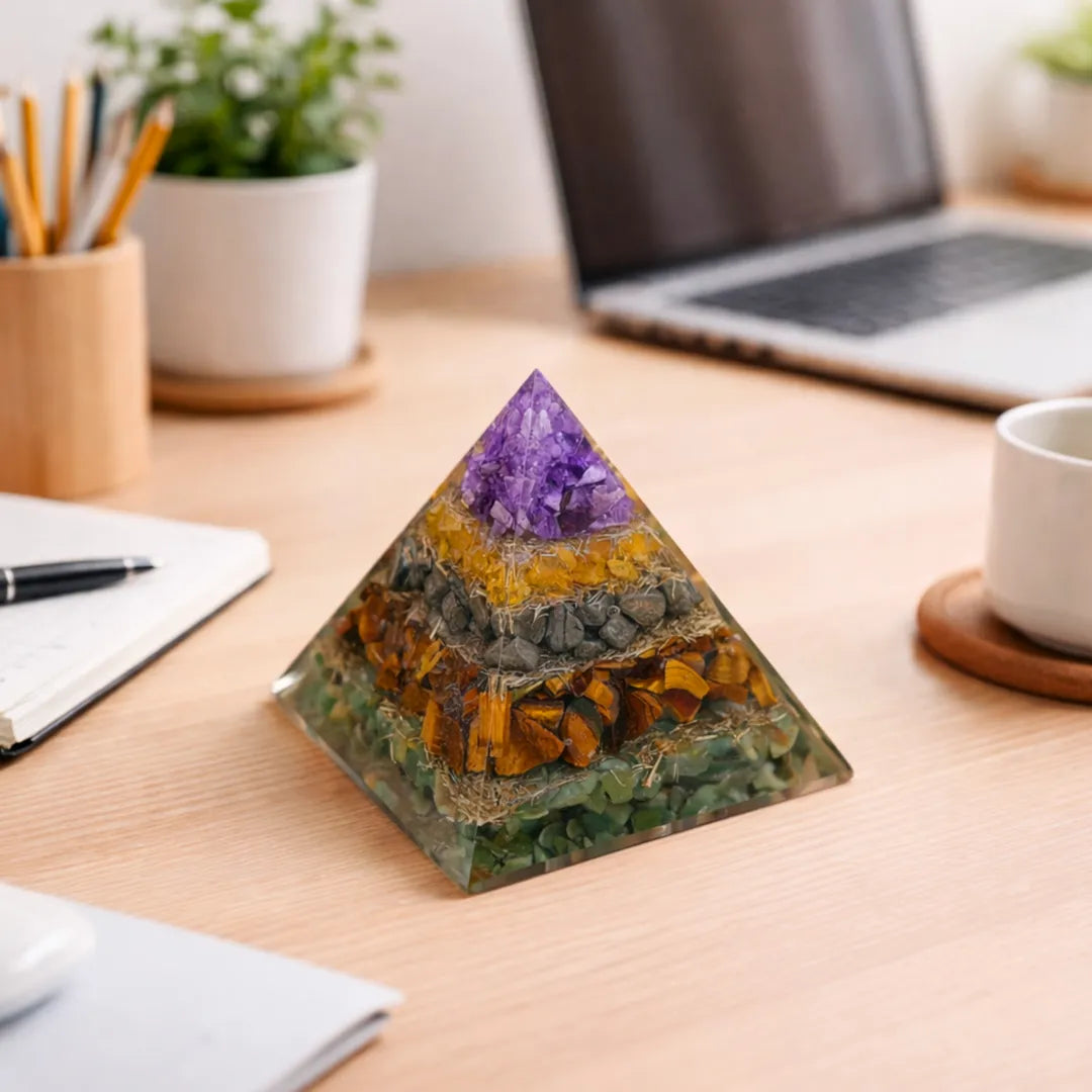 Crystal pyramid on a desk with laptop, notebook, and cup in the backgroundMoney Magnet Pyramid – Wealth Attraction & Financial Abundance Energy Pyramid