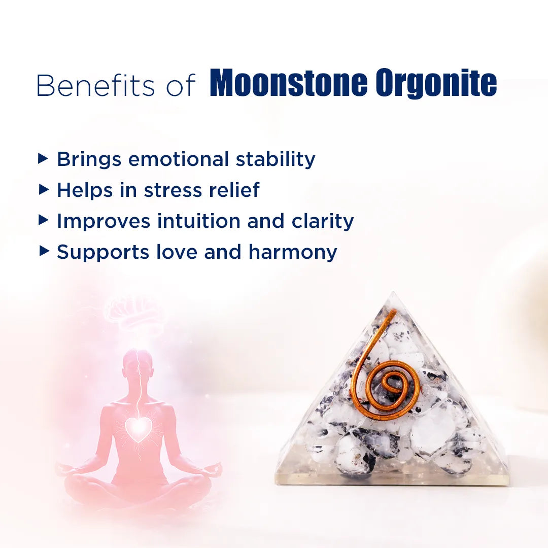Moonstone orgonite with benefits listed on a white backgroundMoonstone Orgonite Pyramid – Emotional Balance, Intuition & Harmony Crystal