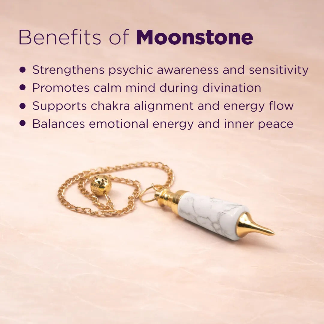 Moonstone pendant with gold chain on a pink background, featuring benefits of moonstone.