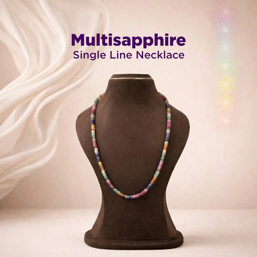 Multisapphire single line necklace on a mannequin with a soft background