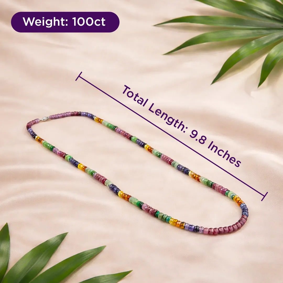 Colorful beaded necklace with measurements on a beige backgroundMulti Sapphire Single Line Necklace for Balance, Focus & Stability