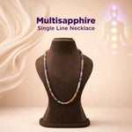 Multicolored beaded necklace on a brown mannequin with 'Multisapphire Single Line Necklace' text.