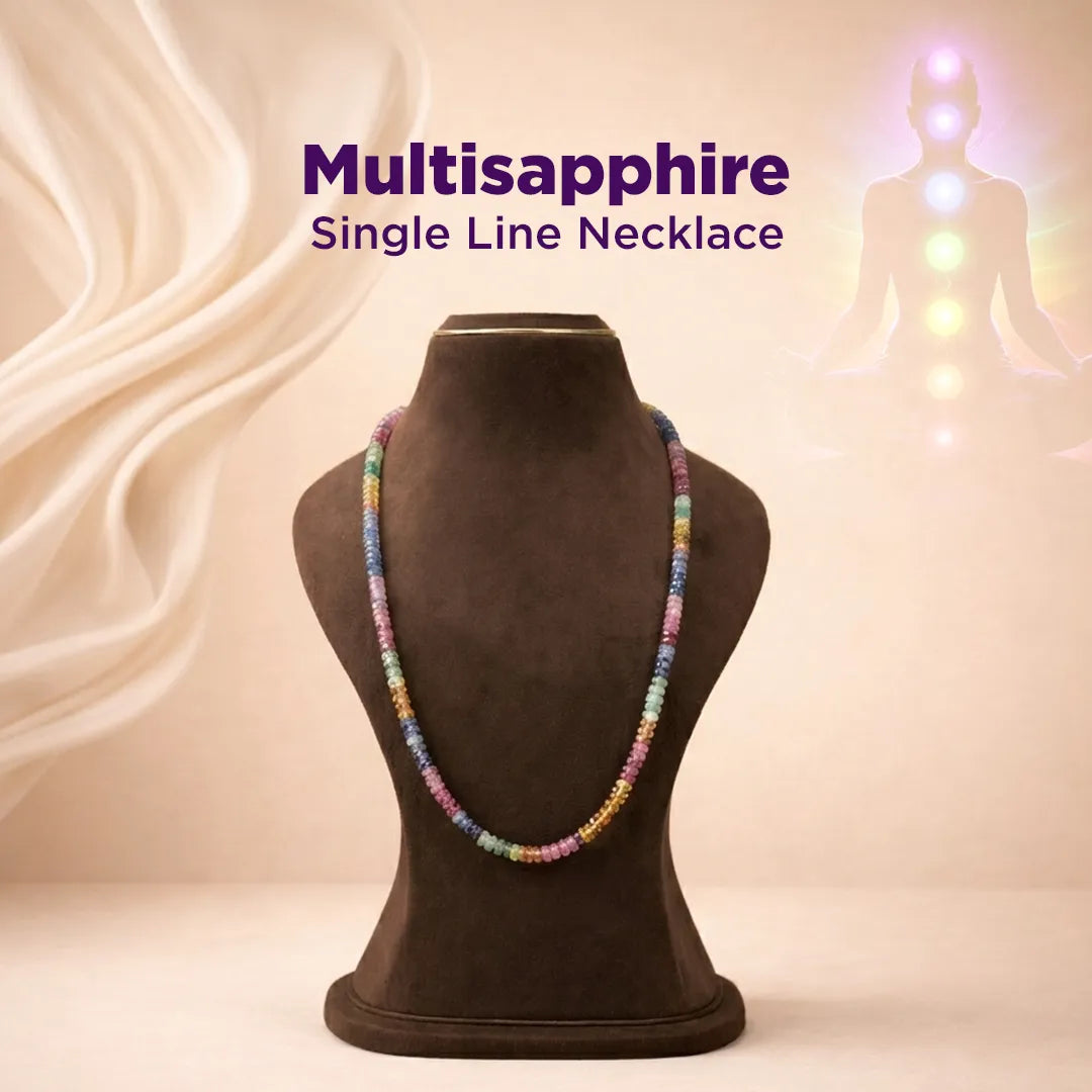 Multicolored beaded necklace on a brown mannequin with 'Multisapphire Single Line Necklace' text.