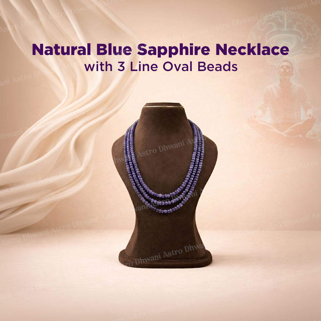 Blue Sapphire Oval Beads 3 Line Necklace for Focus, Protection & Success