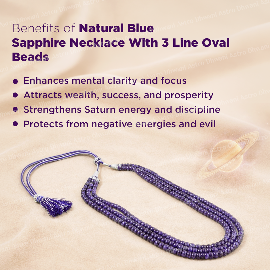 Blue Sapphire Oval Beads 3 Line Necklace for Focus, Protection & Success