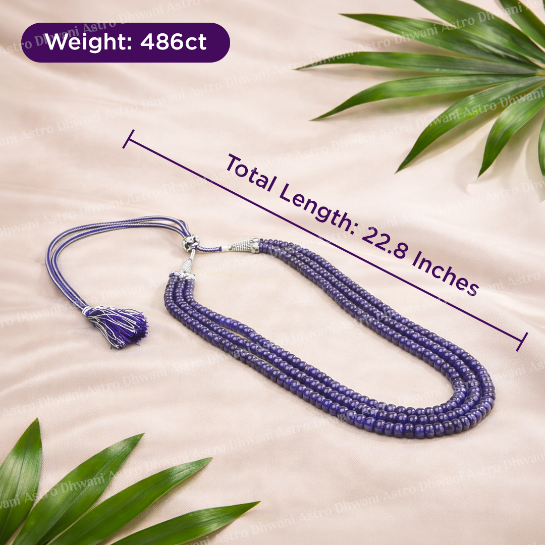 Blue Sapphire Oval Beads 3 Line Necklace for Focus, Protection & Success