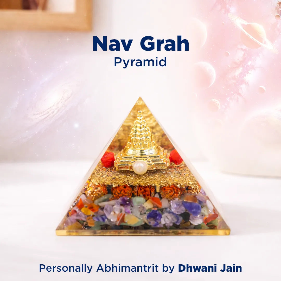Pyramid-shaped object with colorful stones and a gold top, labeled 'Nav Grah Pyramid' by Dhwani Jain.