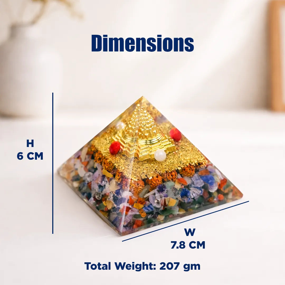 Decorative pyramid with dimensions and weight information on a white backgroundNav Grah Pyramid – Nine Planet Balance & Protection Energy