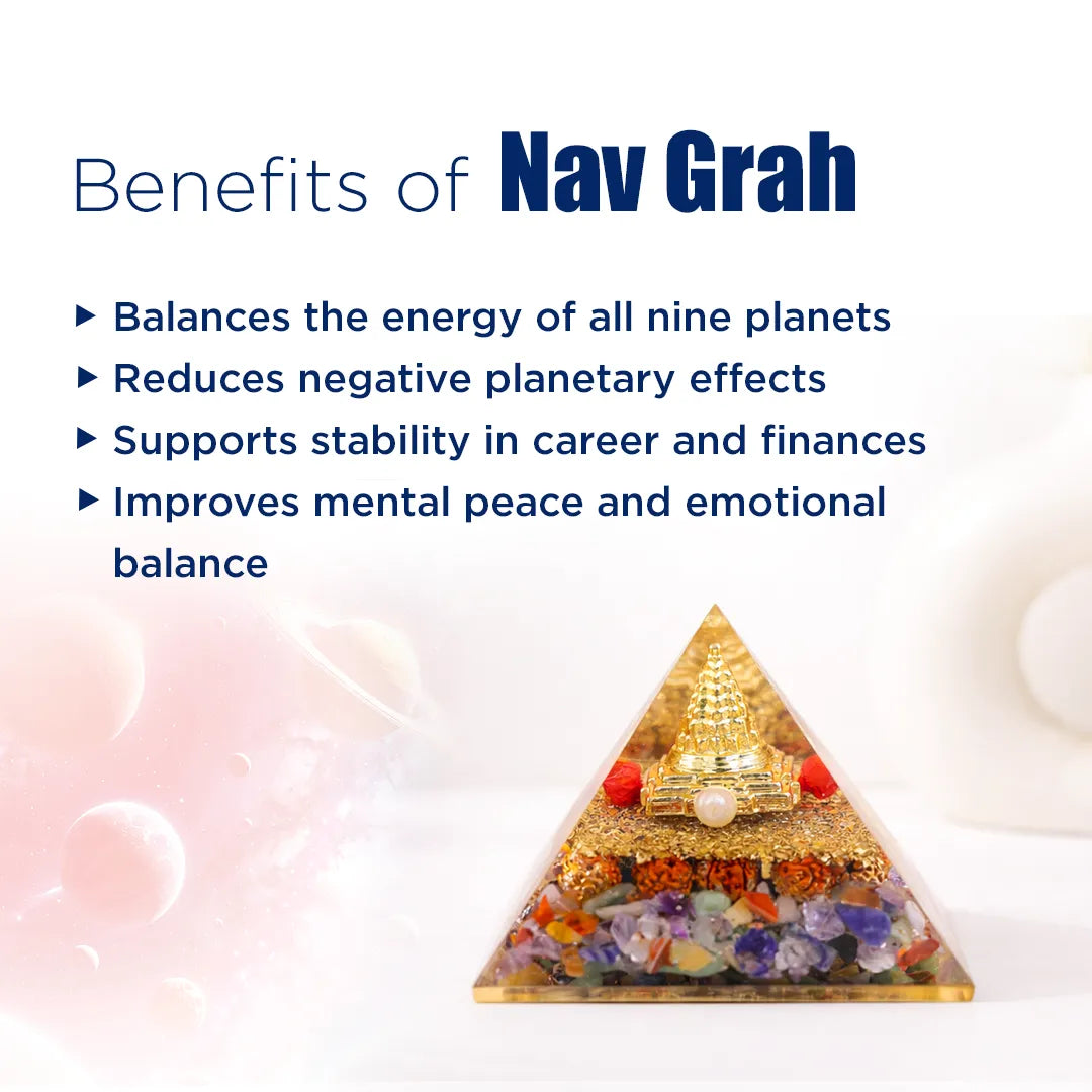 Pyramid-shaped object with colorful stones and text about the benefits of Nav Grah on a white background.