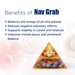 Pyramid-shaped object with colorful stones and text about the benefits of Nav Grah on a white background.