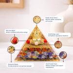 Decorative pyramid with various stones and beads labeled with their properties
