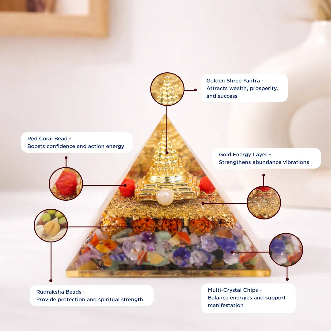 Decorative pyramid with various stones and beads labeled with their propertiesNav Grah Pyramid – Nine Planet Balance & Protection Energy