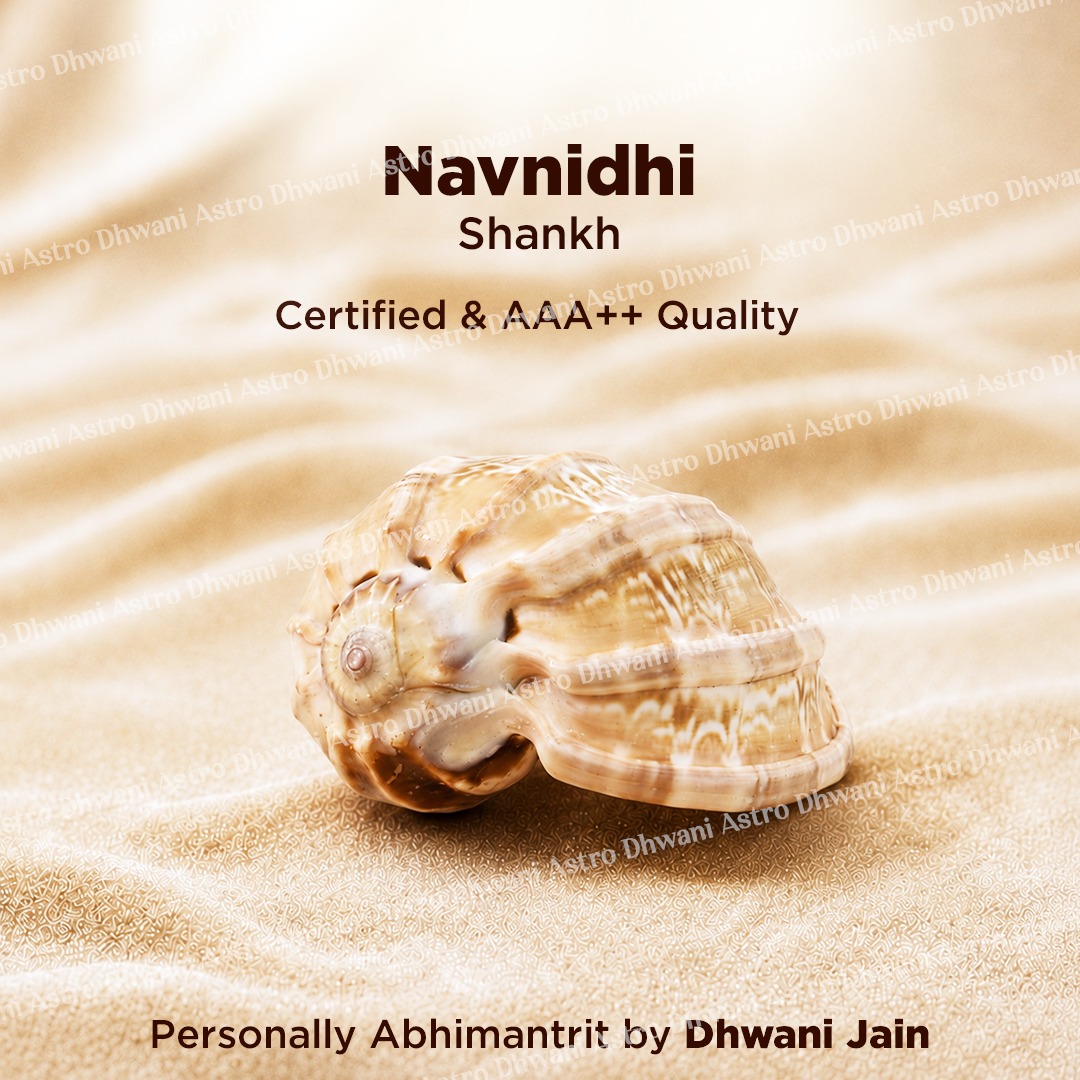 Shell on sand with 'Navnidhi Shankh' text and branding