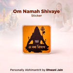 Sticker with silhouette of a deity and 'Om Namah Shivaye' text on an orange background, with blurred figures and trident in the background.
