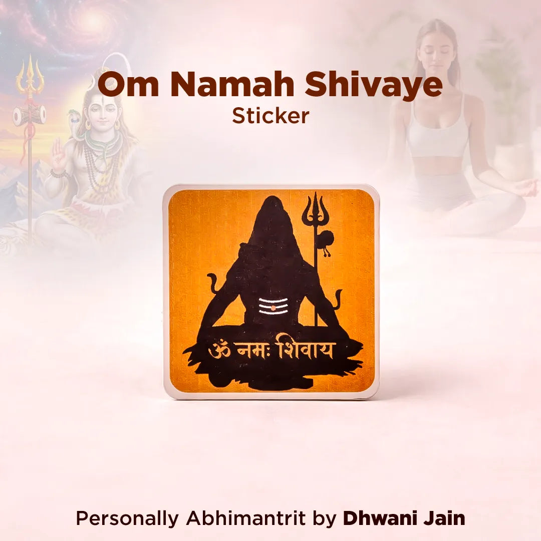 Sticker with silhouette of a deity and 'Om Namah Shivaye' text on an orange background, with blurred figures and trident in the background.