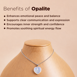 Opalite necklace on a mannequin with text about its benefits on a beige background