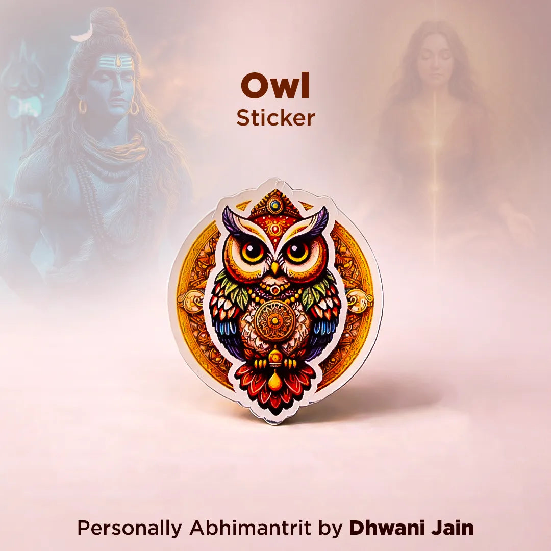 Decorative owl sticker with intricate design on a soft pink background, featuring the text 'Owl Sticker' and 'Personally Abhimantrit by Dhwani Jain'.