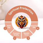 Decorative owl with 'Spiritual Protection' text and features on a circular design.