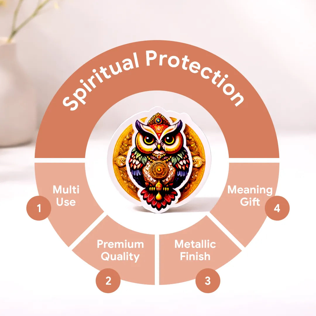 Decorative owl with 'Spiritual Protection' text and features on a circular design.Owl Sticker (Pack of 10pcs) - Wisdom & Prosperity Symbol