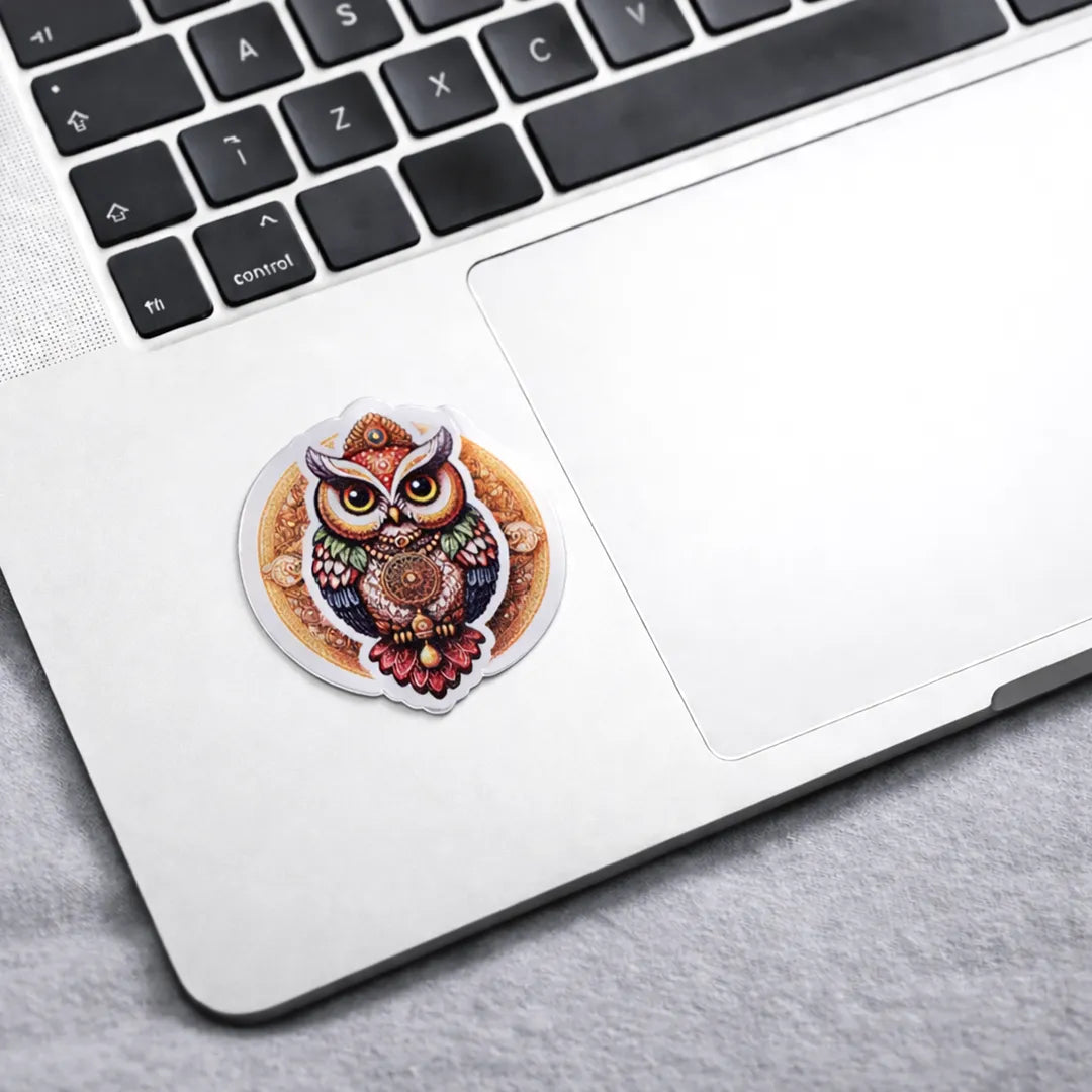 Colorful owl sticker on a laptopOwl Sticker (Pack of 10pcs) - Wisdom & Prosperity Symbol