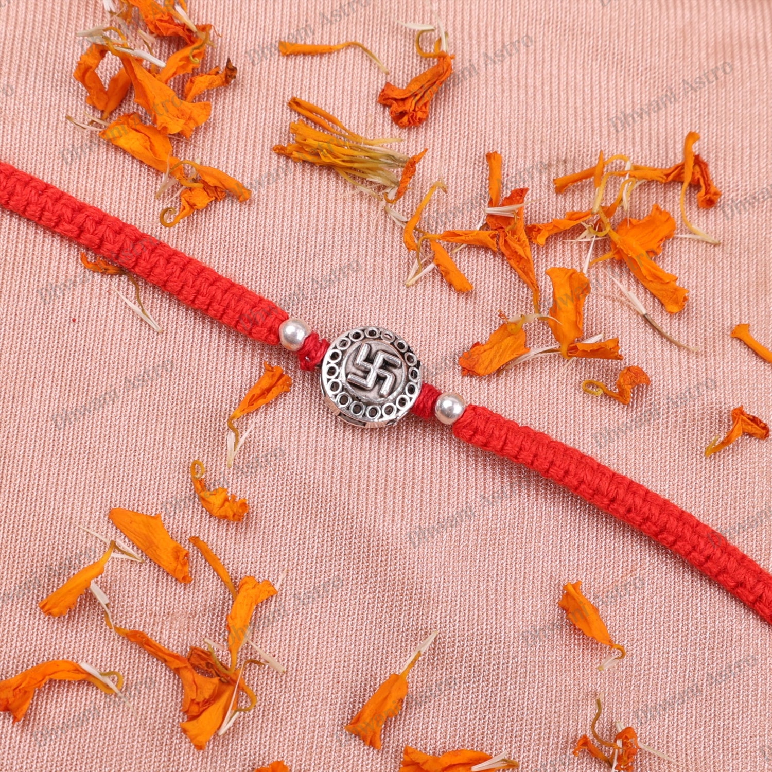 Premium 925 Sterling Silver Swastik Rakhi bracelet featuring a sacred Swastik symbol on a traditional red thread.
