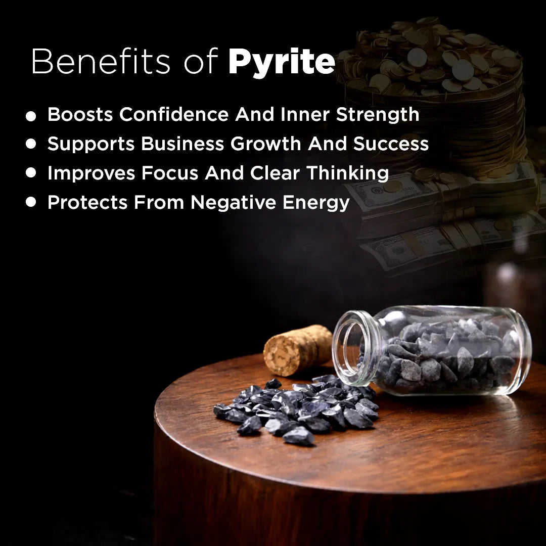 Jar of pyrite stones on a wooden surface with text listing benefits of pyrite.
