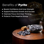 Jar of pyrite stones on a wooden surface with text listing benefits of pyrite.