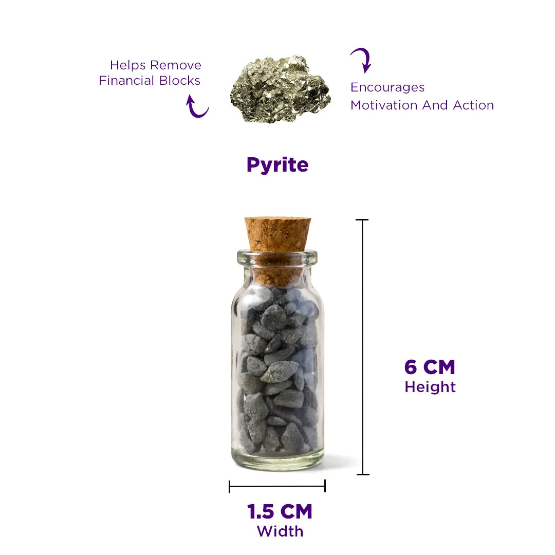 Pyrite in a glass bottle with cork lid, accompanied by its properties and measurements on a white background.Pyrite Bottle Chips – Wealth Attraction, Confidence & Protection Energy