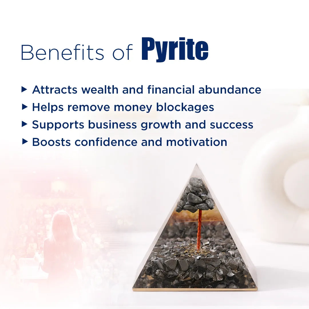 Pyrite crystal with text listing its benefits on a soft pink background