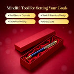 Decorative pen in a red box with text highlighting features on a red background