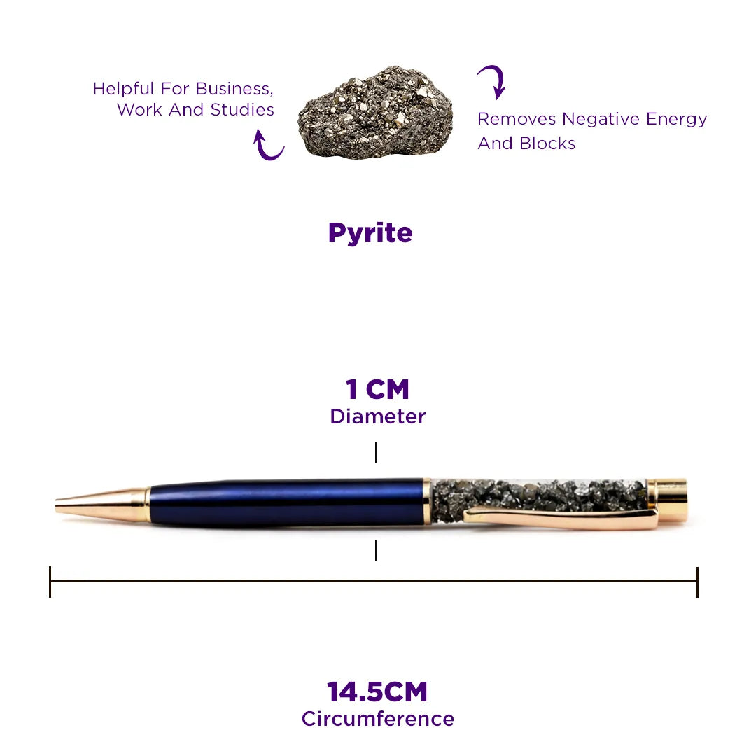 Pen with pyrite stone and information about its properties on a white background