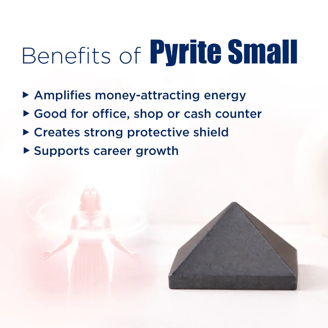 Pyrite small crystal with benefits listed on a white background