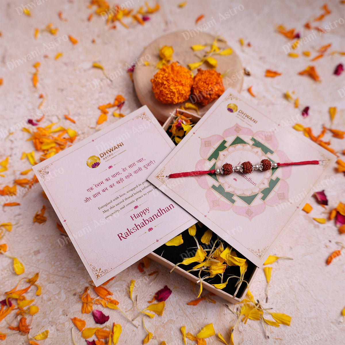 Luxury handcrafted 925 Sterling Silver Rudraksha Rakhi with sacred red thread, authentic Rudraksha beads, and premium gift box.