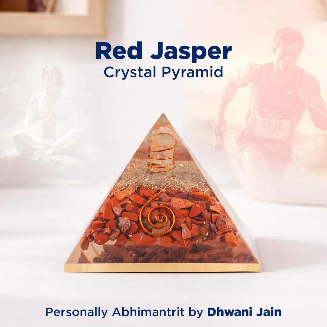 Red Jasper crystal pyramid with text about personally Abhimantrit by Dhwani Jain.