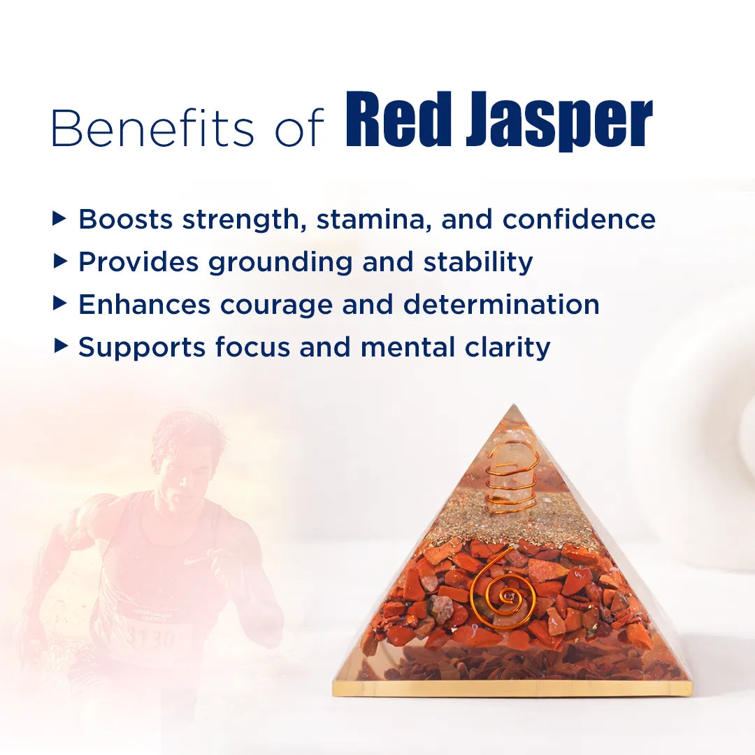 Pyramid-shaped red jasper crystal with text listing benefits on a white backgroundRed Jasper Crystal Pyramid – Strength, Courage & Stability Energy