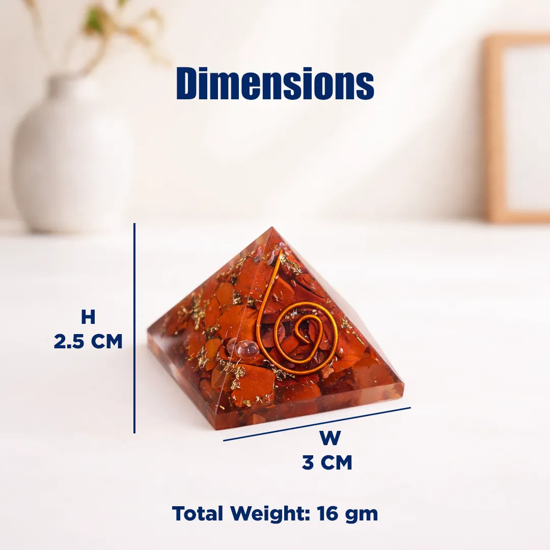 Pyramid-shaped object with dimensions and weight information on a white backgroundRed Jasper Pyramid – Strength, Grounding & Protection Crystal