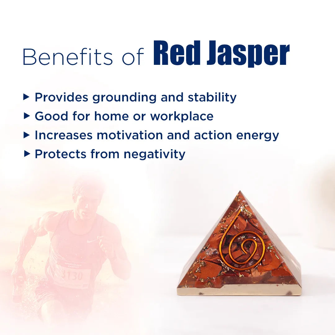Red Jasper pyramid with benefits listed on a white background