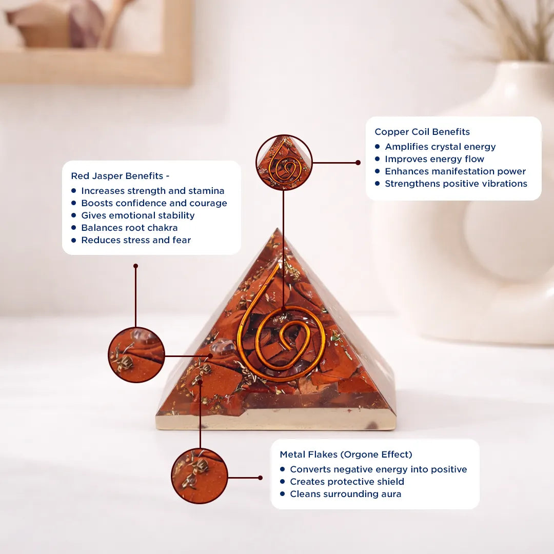 Pyramid-shaped crystal with copper coil and metal flakes, labeled benefits on a neutral backgroundRed Jasper Pyramid – Strength, Grounding & Protection Crystal
