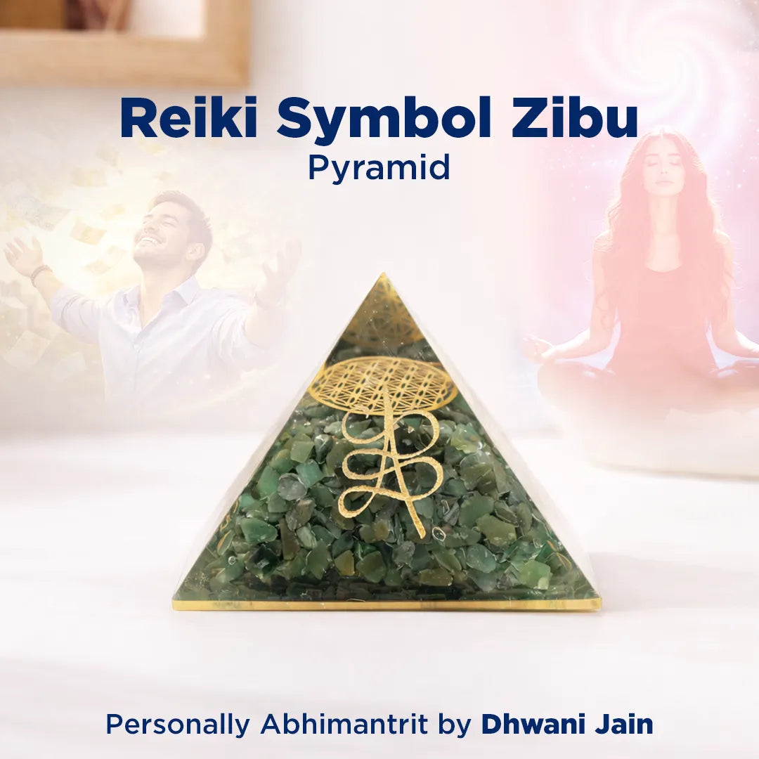 Reiki Symbol Zibu pyramid with a person in the background