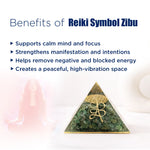 Green pyramid-shaped Reiki symbol Zibu with text listing benefits on a white background