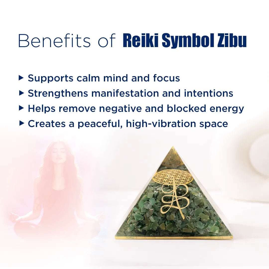 Green pyramid-shaped Reiki symbol Zibu with text listing benefits on a white background