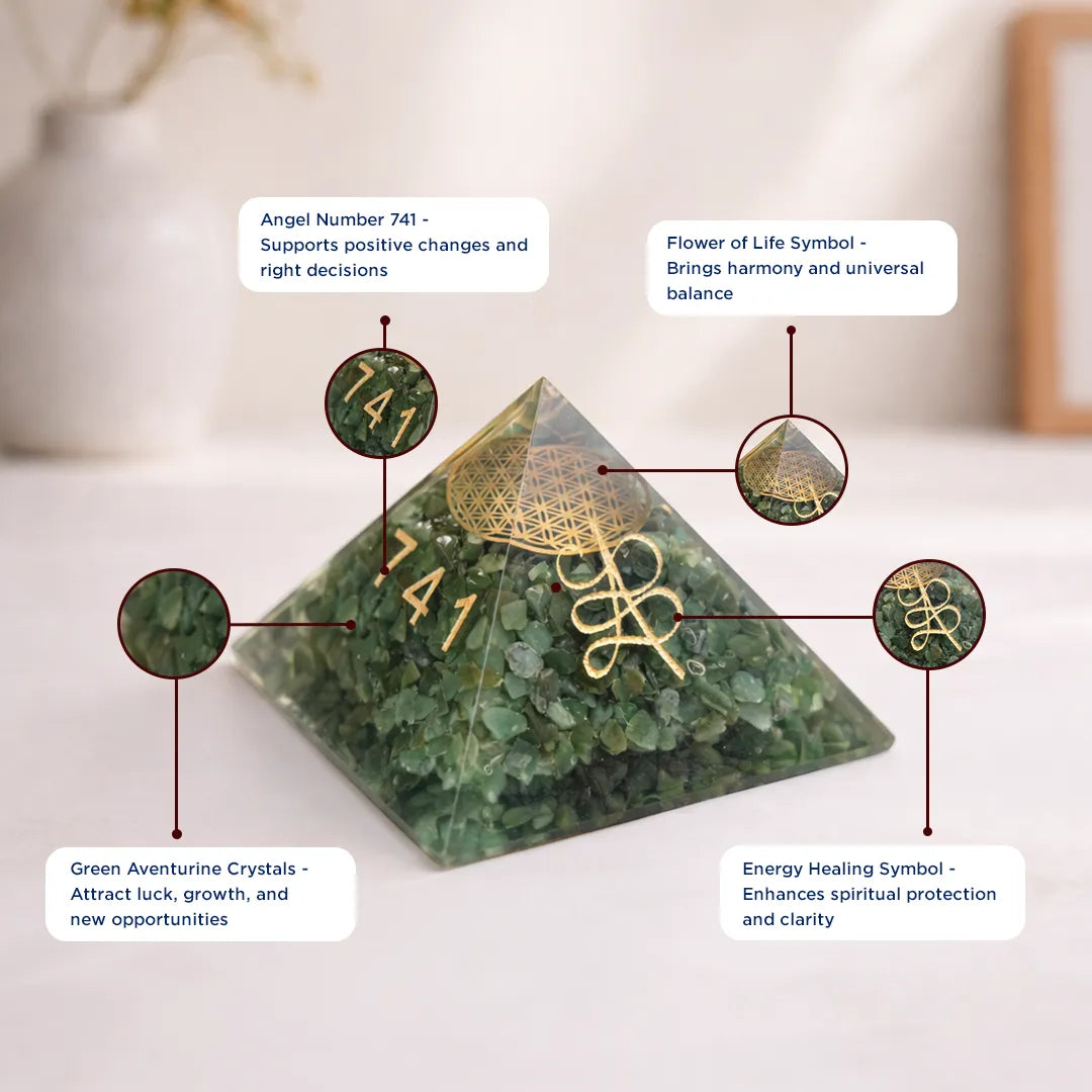Green crystal pyramid with symbolic elements and text on a white surfaceReiki Symbol Zibu Pyramid – Energy Healing & Manifestation Crystal