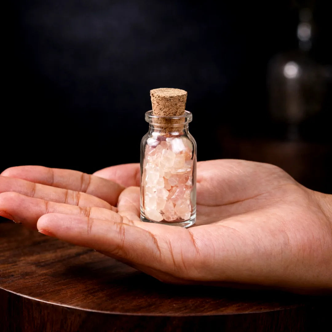 Hand holding a small glass bottle with pink Himalayan salt on a wooden surface.