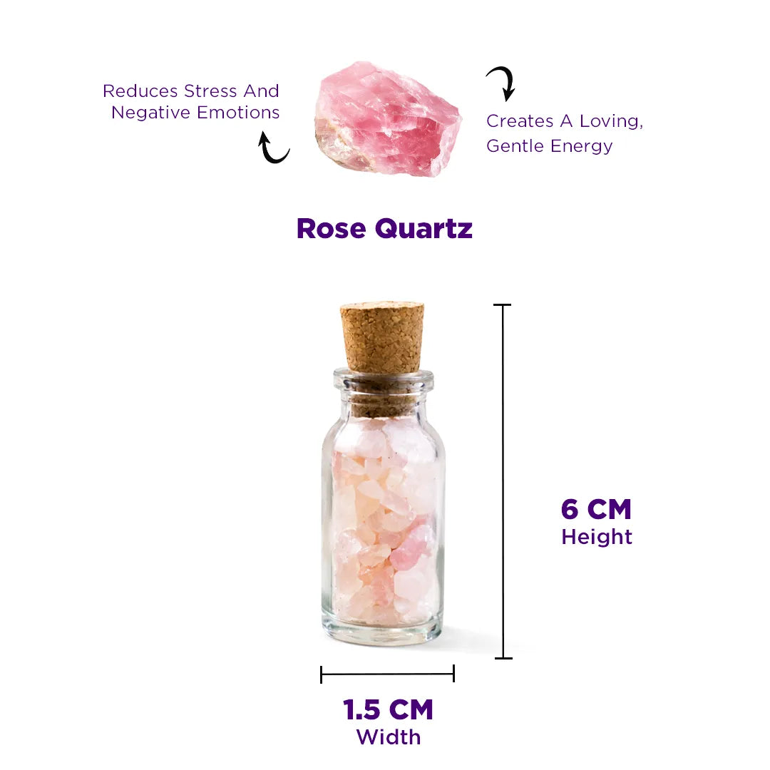 Rose Quartz stones in a glass bottle with measurements and properties on a white backgroundRose Quartz Bottle Chips – Relationship, Love & Emotional Healing Energy