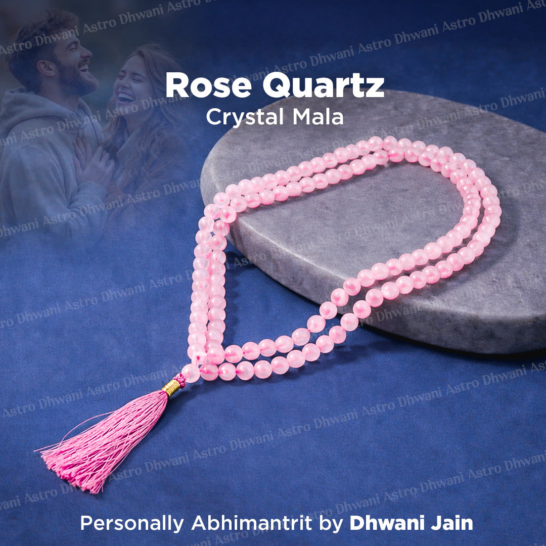 Rose Quartz Crystal Mala - Abhimantrit & Certified